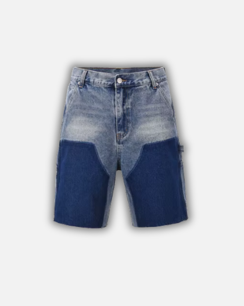 ”BLUE” ג'ינס קצר אוברסייז כחול בהיר עם שילוב כחול כהה