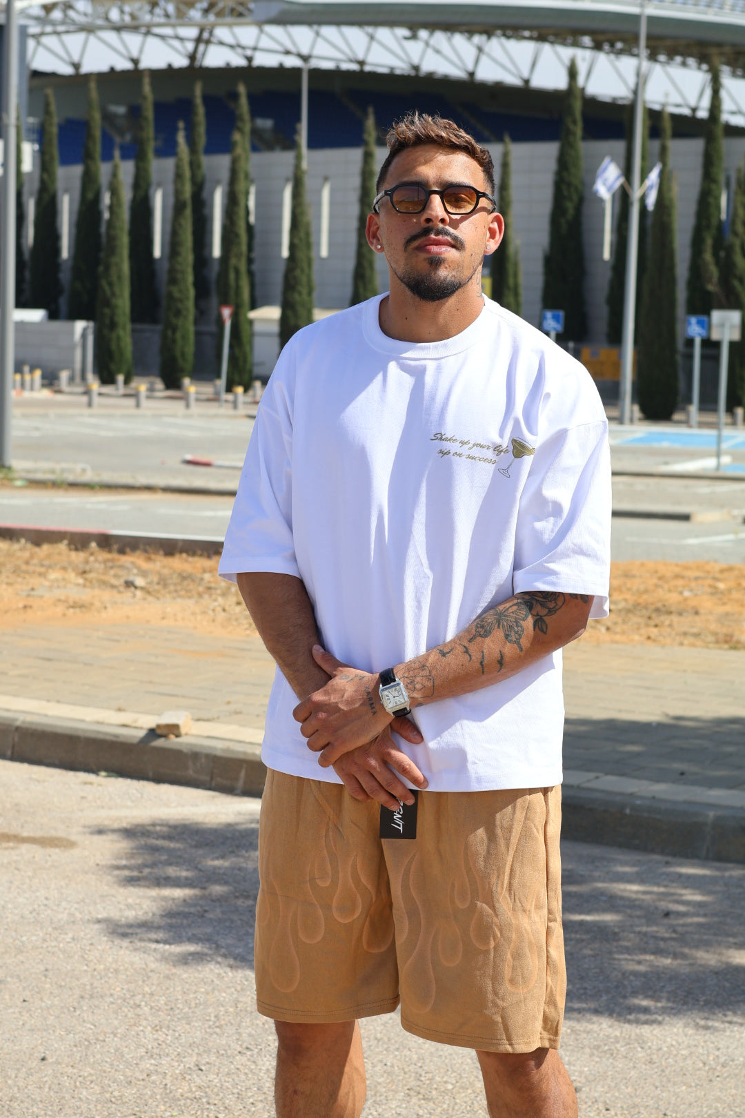 מכנס קצר הדפס אש שמנת ״fire״